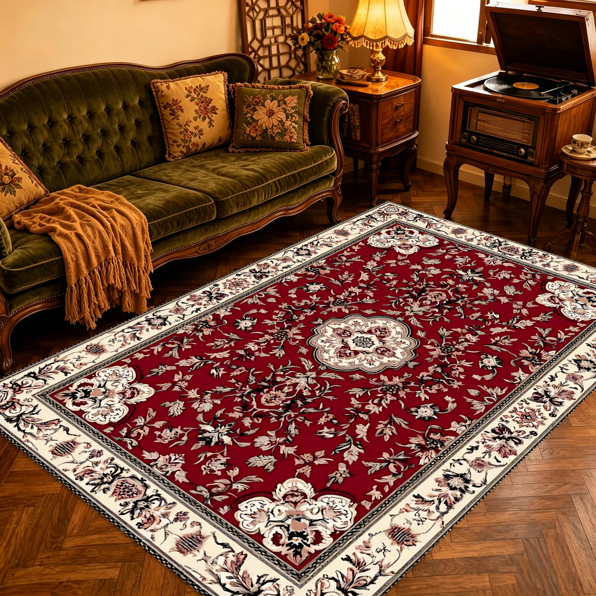 2D Large Carpet with Red Background and Classic Persian Pattern, Suitable for European Retro-Style Living Room and Bedroom, Can Be Used to Instantly Refresh Autumn and Winter Decorations