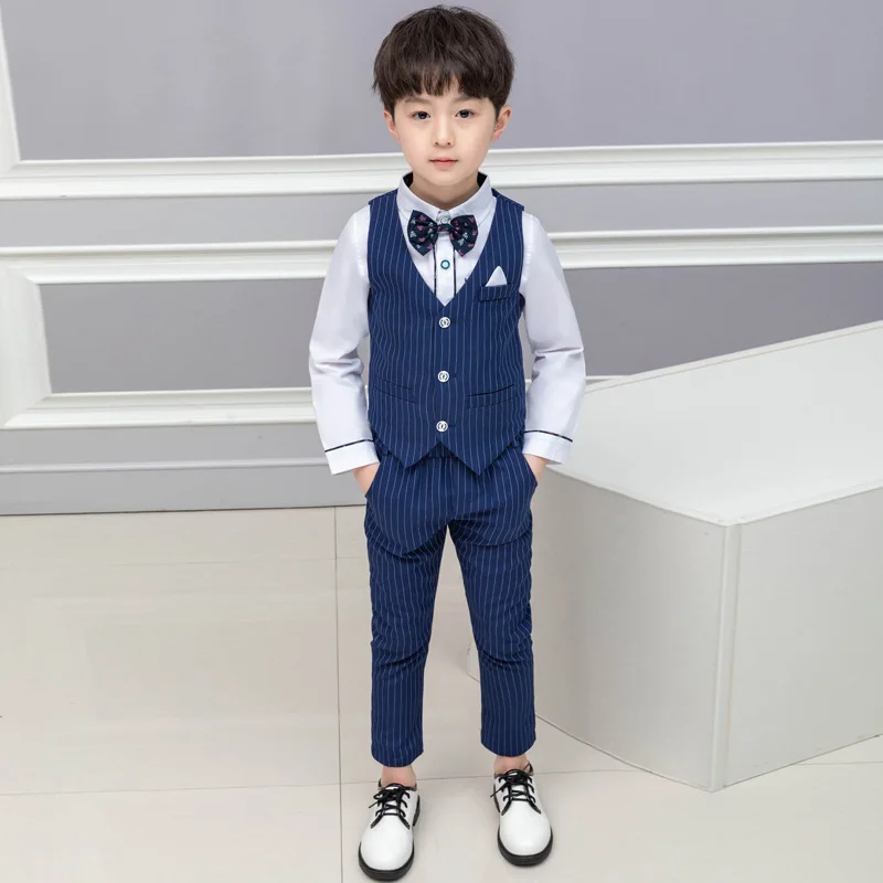 New Boys Formal Performance Sets White Turn-down Collar Shirts Striped Vest and Pants Children's Day Costume Wedding Party Suits