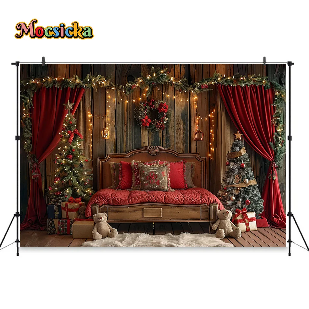 Rustic Headboard Background for Christmas Studio Photography Window Red Curtains Shiny Xmas Tree Backdrop Kids Room Winter Photo