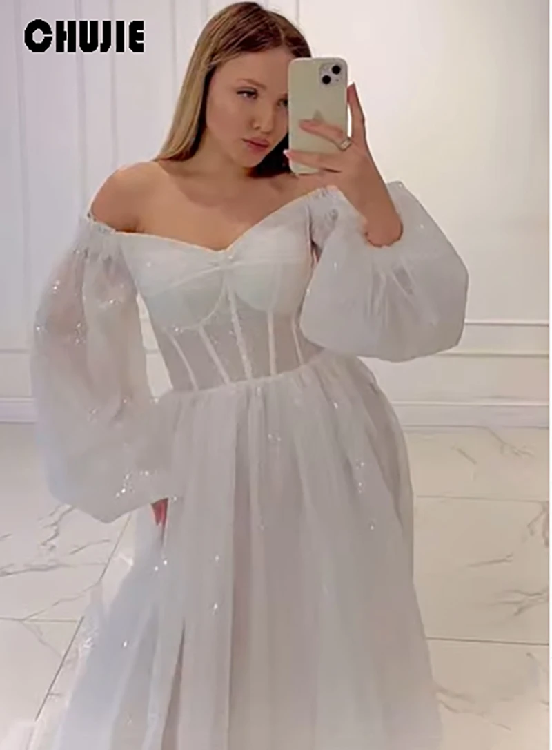 

Shinny Tulle Puffy Sleeve Wedding Dresses A Line Pleated Bridal Gowns Customized Bride Dress Vestido de novia Long Evening Dress