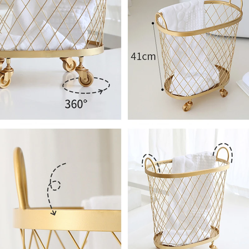 Modern Creative Golden Metal Dirty Clothes Storage Handle Wheel Laundry Basket Home Storage Box with Wheels laundry basket