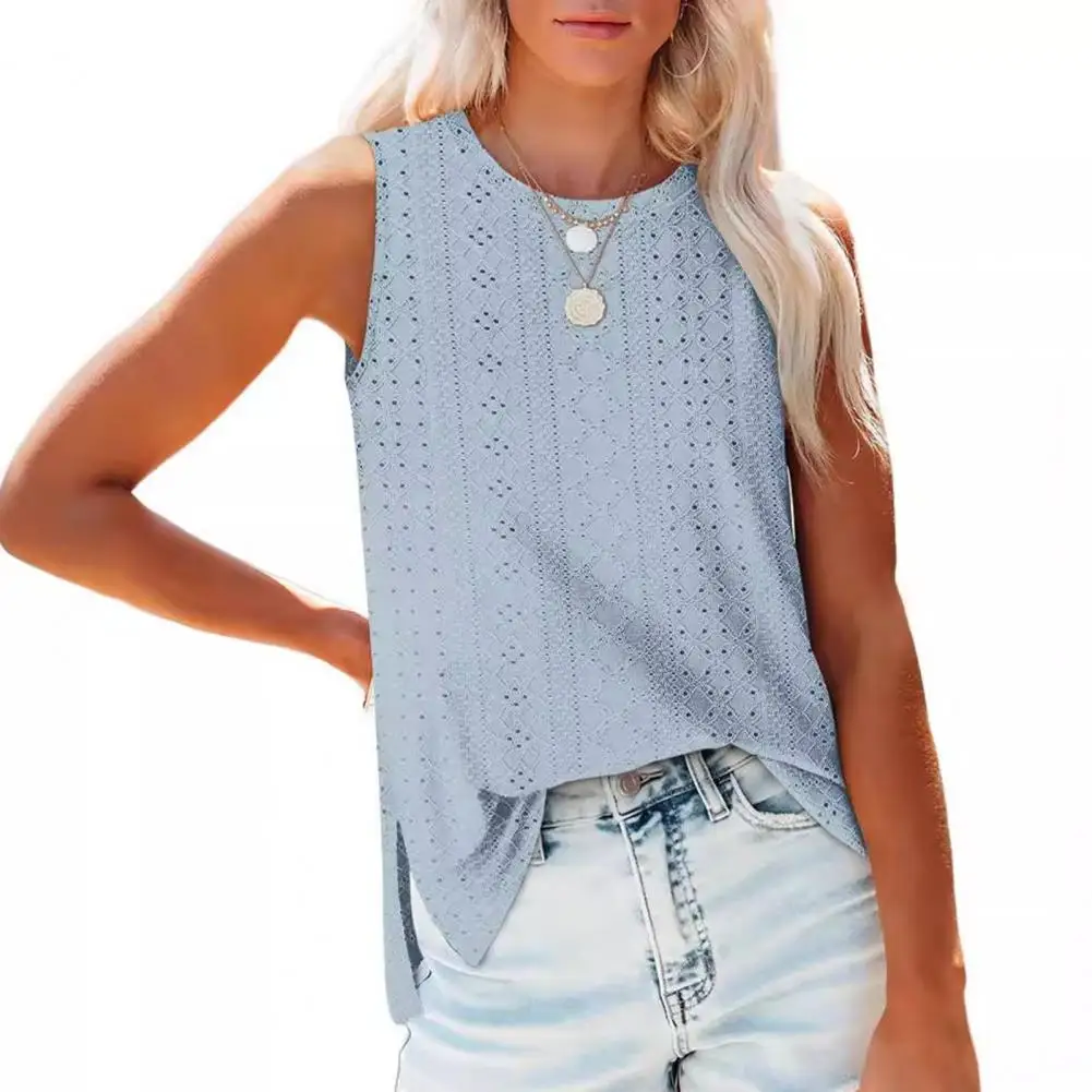 Women Vest Stylish Women's Summer Tank Tops with Embroidered Mesh Detailing Side Slit Design Vest for A Loose Fit Comfortable