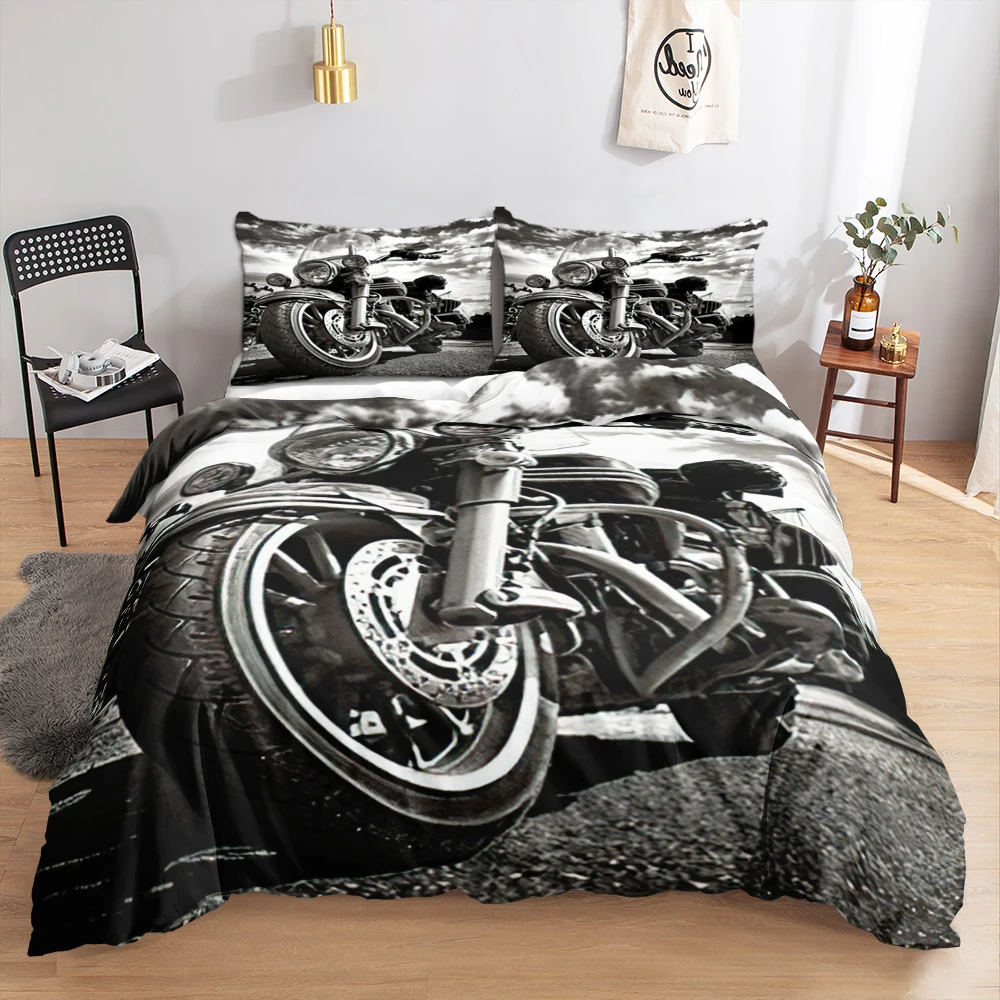 

3D Cool Motorcycle Duvet Cover Set Transportation Pattern King Size Polyester Comforter Cover For Kids Teens Adults Bedding Set