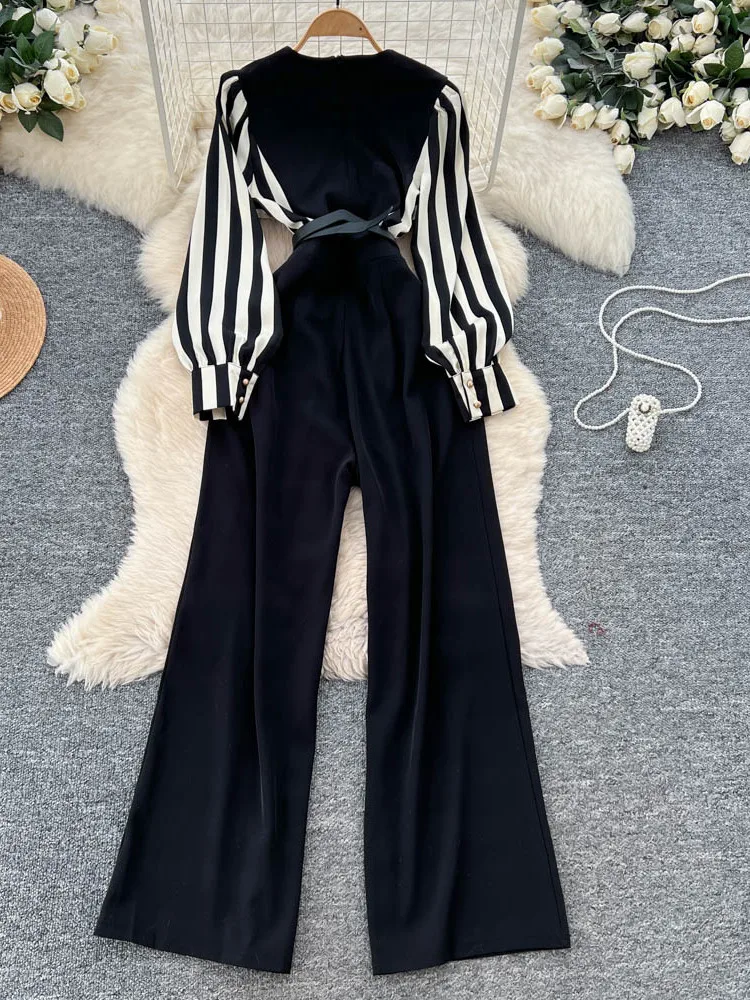 캐주얼 스트라이프 긴팔 패치워크 슈트 칼라 허리 조임 슬림핏 레저 원피스 팬츠 하이웨이스트 스트레이트 레그 출퇴근 스타일