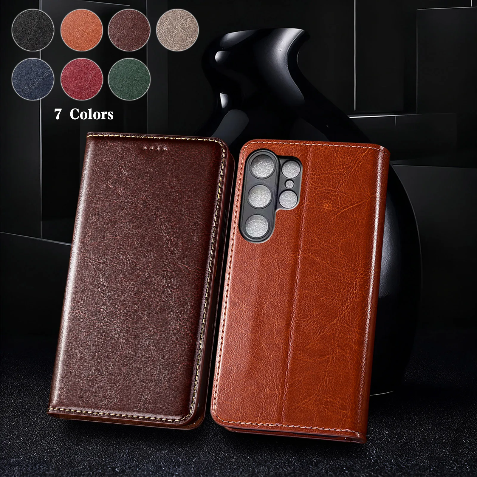 

Для Samsung Galaxy S21 S22 S23 S24 S25 Edge Plus Ultra FE Crazy Horse Pattern из натуральной кожи, чехол-книжка из воловьей кожи