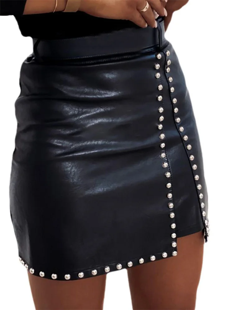 Women's PU Leather Mini Skirt High Waist Rhinestone Split Bodycon Pencil Skirt Summer Clubwear
