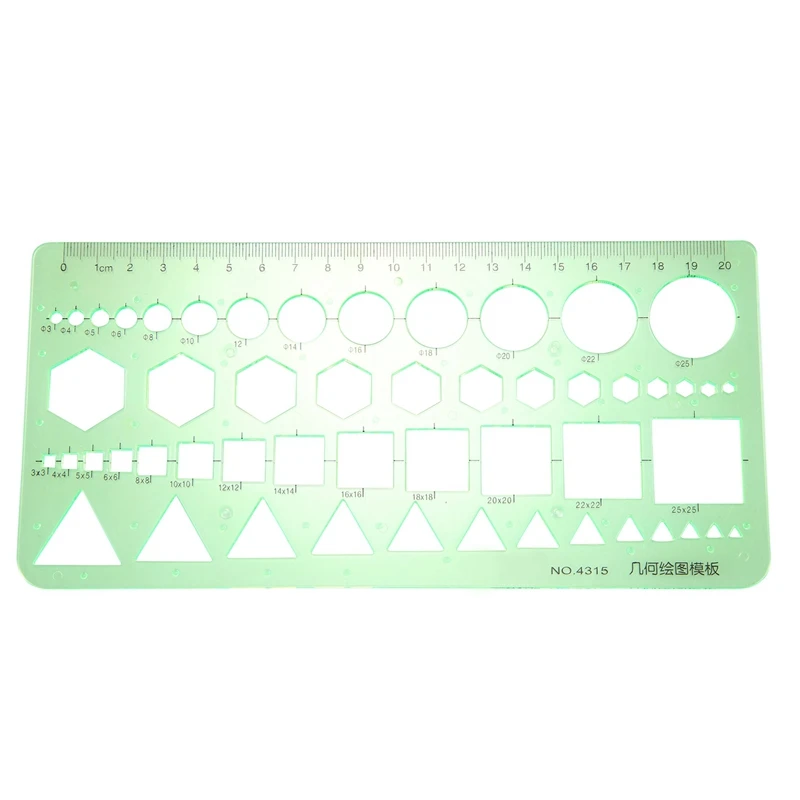 2 x grüne Kunststoff-Kreise, Quadrate, Sechsecke, geometrische Vorlage, Lineal, 0–20 cm
