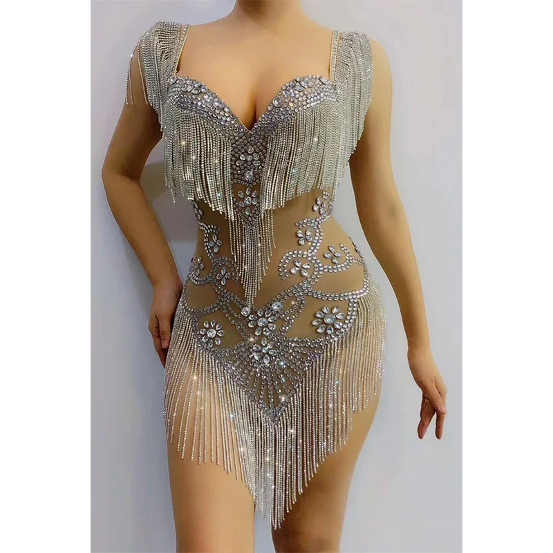 Sparkly Crystal Fringe Dress White Off-Shoulder Evening Dress Party Birthday Outfit For Women Dancer Sexy Stage Clothing