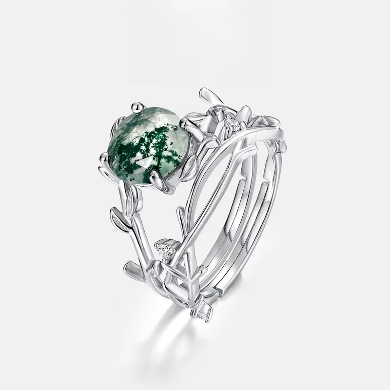 

WES Green Moss Ring Women's S925 Silver Plated 18K Gold PT950 Platinum Inlaid Water Grass Agate Ring Fashionable and Unique