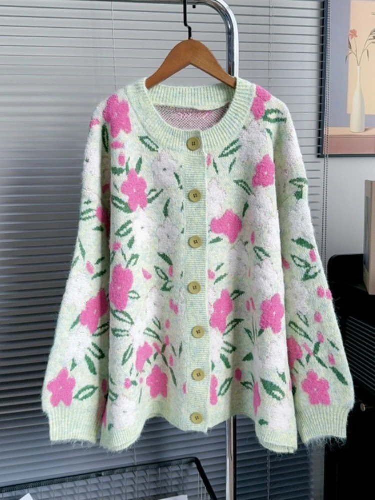 

Lazy Style for Autumn and Winter Sweaters Flower Flocking Design Single Breasted Cardigan 2025 Knit Tops Elegant Women Clothing