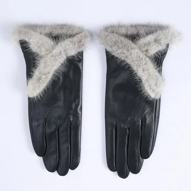 

Women's Genuine Leather Gloves with Mink Fur, Buckle, Touch Screen, Plush Lined, Thick, Warm, Lambskin, Mittens, Driving