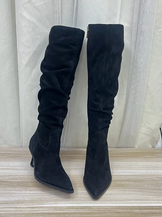 

Новые женские сапоги из натуральной кожи с заостренным носком на тонком каблуке, универсальные, модные, высокие сапоги-трубы