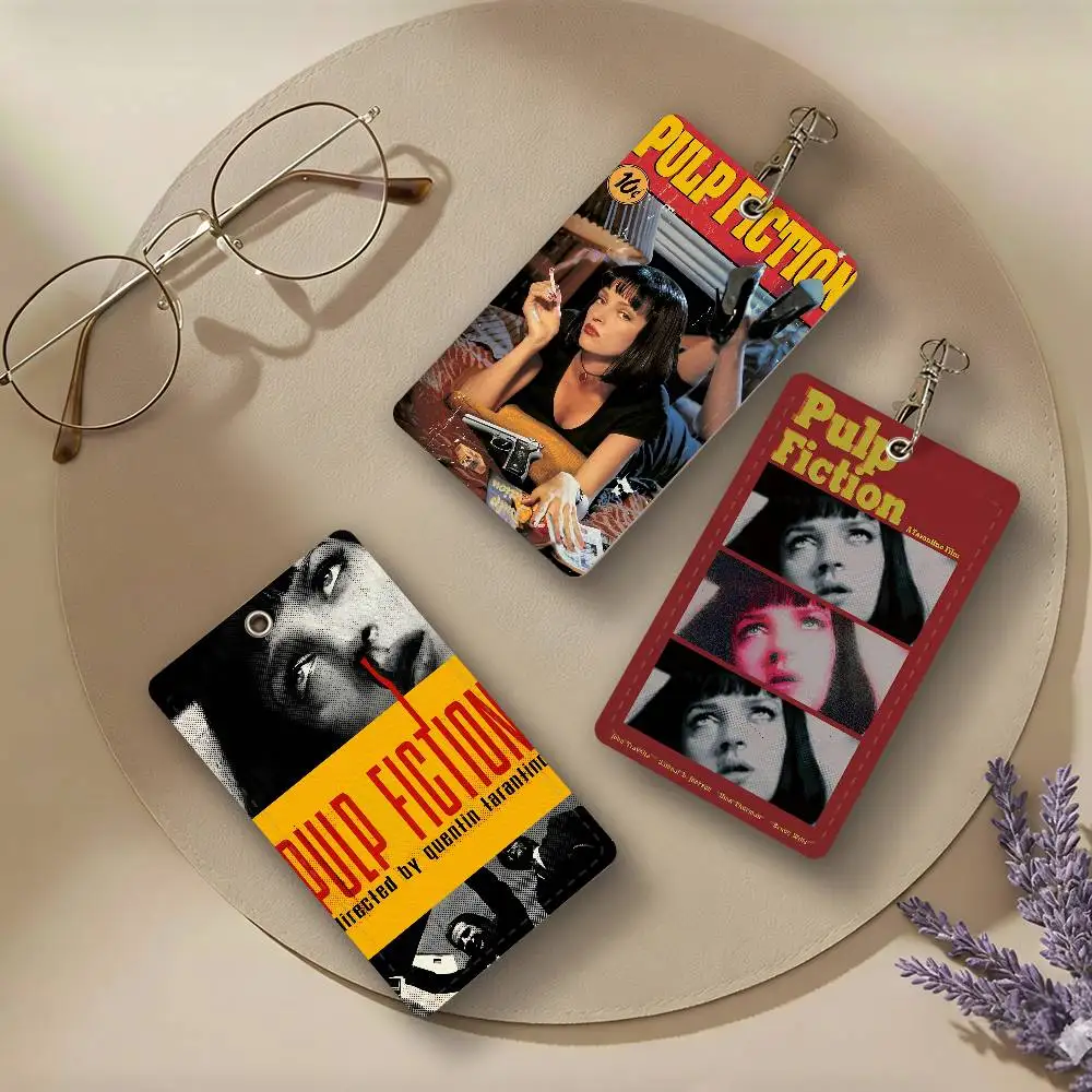 P-PULP Movie F-FICTION PU Leather Card Holders Anti-lost Student ID Protective Cover Cases Campus Access Cards Key Chain