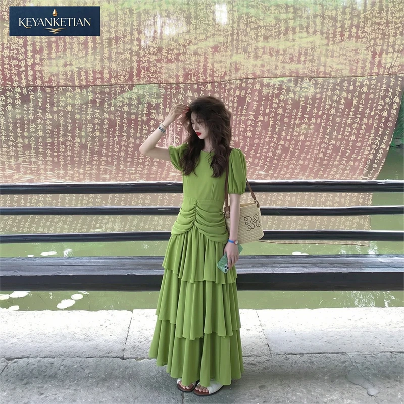 Romantic Flowy Tiered Chiffon Maxi Dress Round Neck Short Puff Sleeve Gathered Waist and Layered Ruffle Dress Summer Vacations