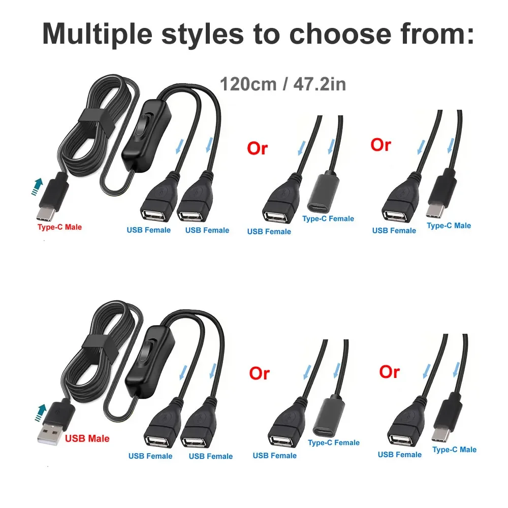 1 to 2 Type C Extension Cable with On/Off Switch USB-C Male to Female Splitter Charing Cord USB to Dual Extension Cable 5V 2A