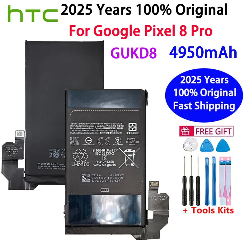 2025 Years New 100% Origina GUKD8 4950mAh For HTC Pixel8 Pro Phone Replacement Battery For Google Pixel 8 Pro Batteries Bateria