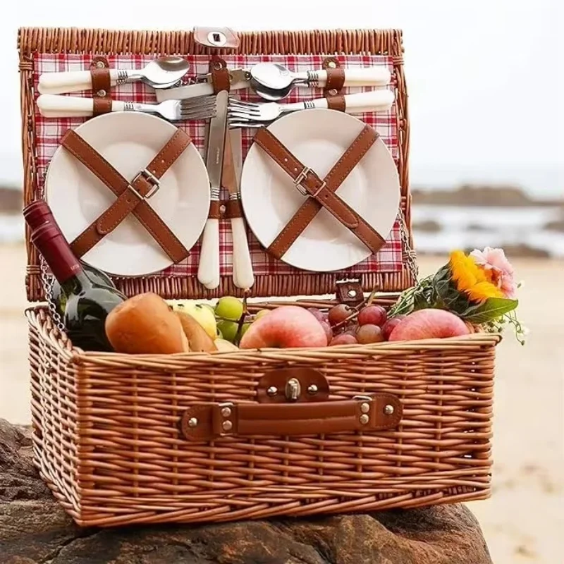 

Vintage Hand-woven Picnic Basket, Handwoven Willow Construction Flat Lid Design Basket Natural Wicker with Pretty Gingham/