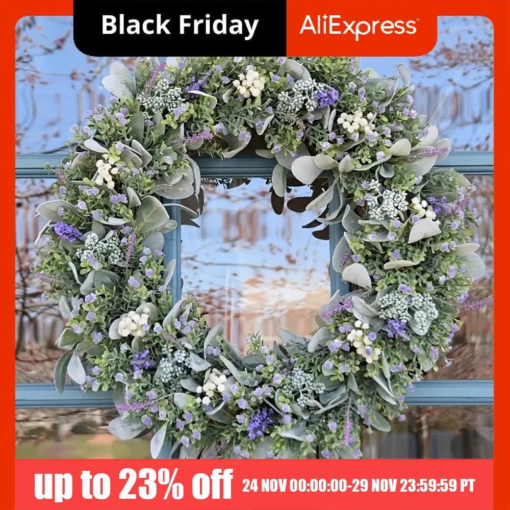 

Flocked Lambs Ear Lavender Wreath Realistic Vivid Colors Spring Door Wreath Handmade Lifelike Artificial Wreath Indoor Outdoor