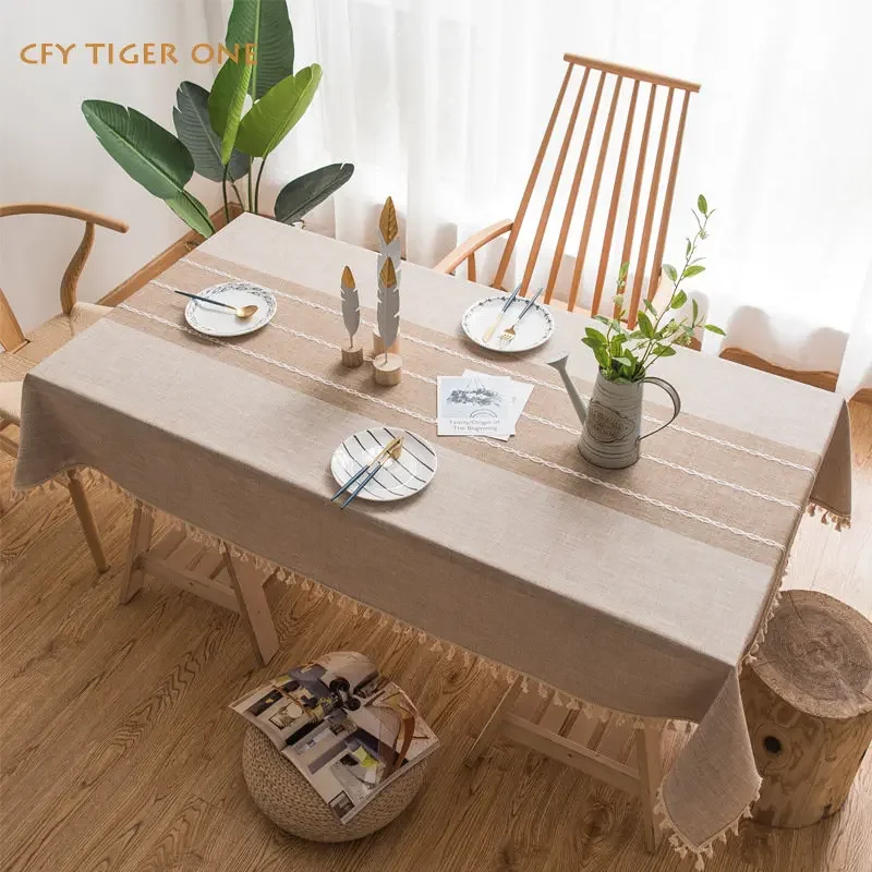 

American Cotton Linen Striped Waterproof Tablecloth Antifouling Rectangular Tablecloth with Tassel Table Cover