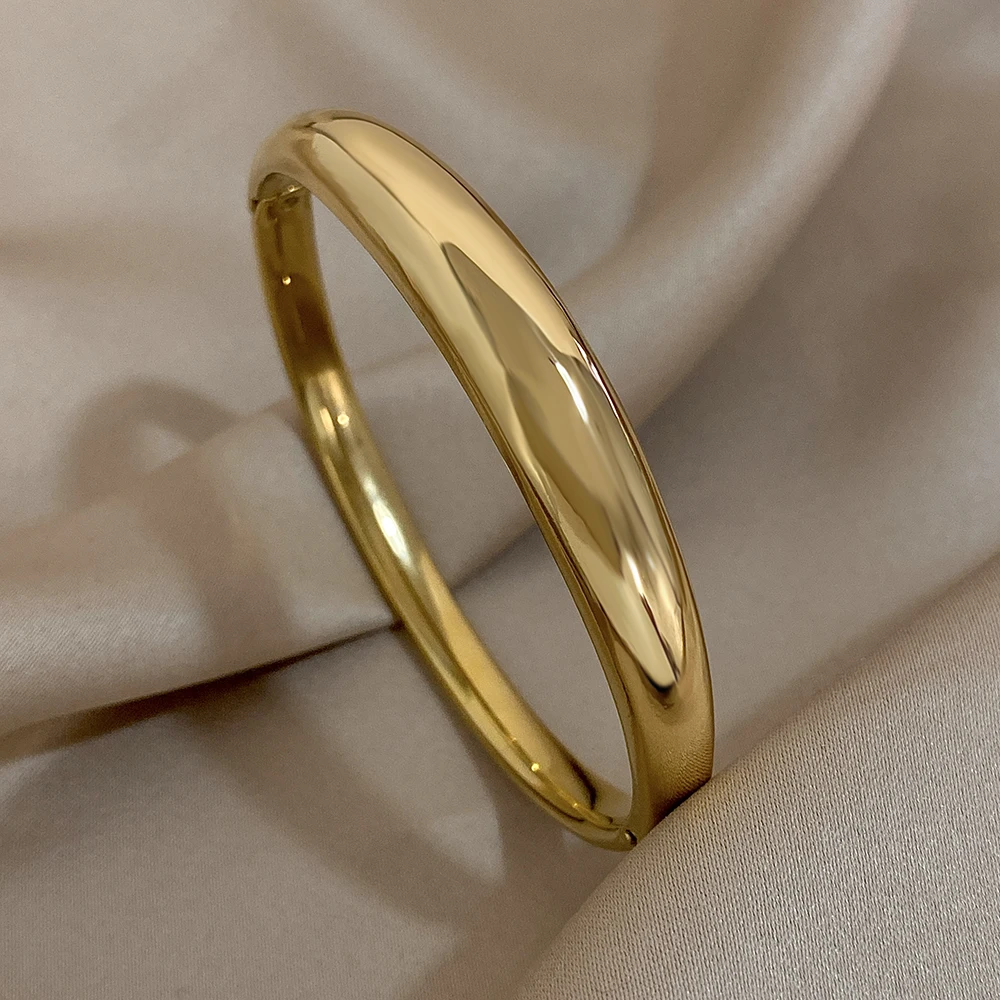 Classic Glossy Thick Curve Bracelet Stainless Steel Bangle for Women Men Cuff Wirstband Smooth Waterproof Charm Bracelet Jewelry