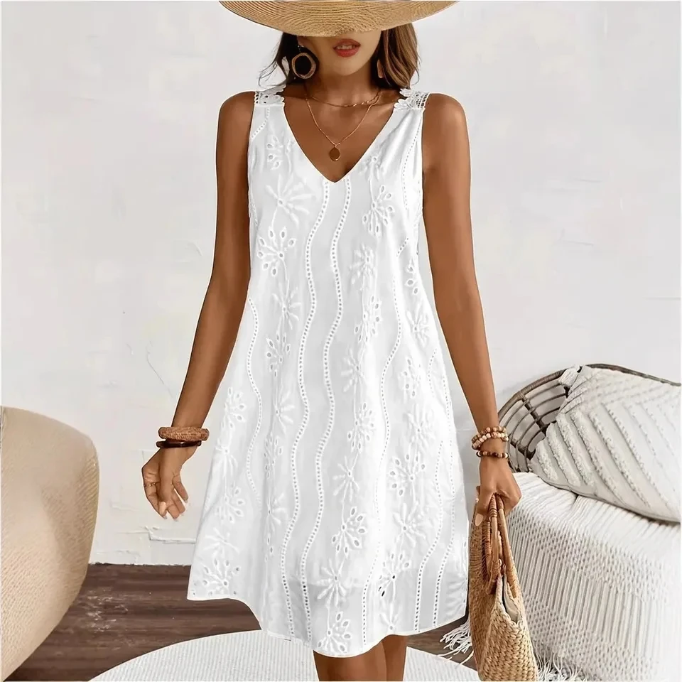 

Roupas Feminina V-neck Sleeveless Solid Color Lace Dress For Women's 2026 Spring Summer Beach Vacation Style Versatile Skirt
