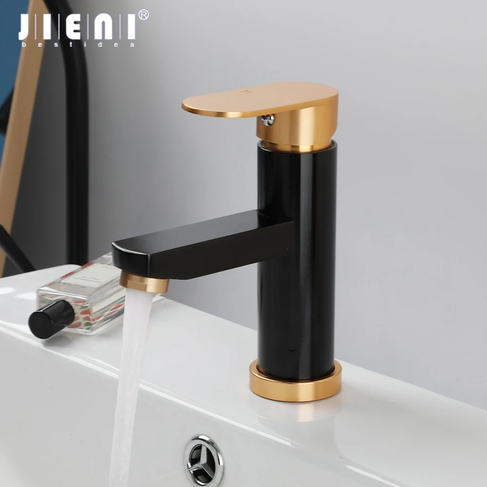 

JIENI Bathroom Basin Faucet Black Paired With Golden Handle Stream Spout Decke Mounted Single Handle Control Mixer Taps Faucets