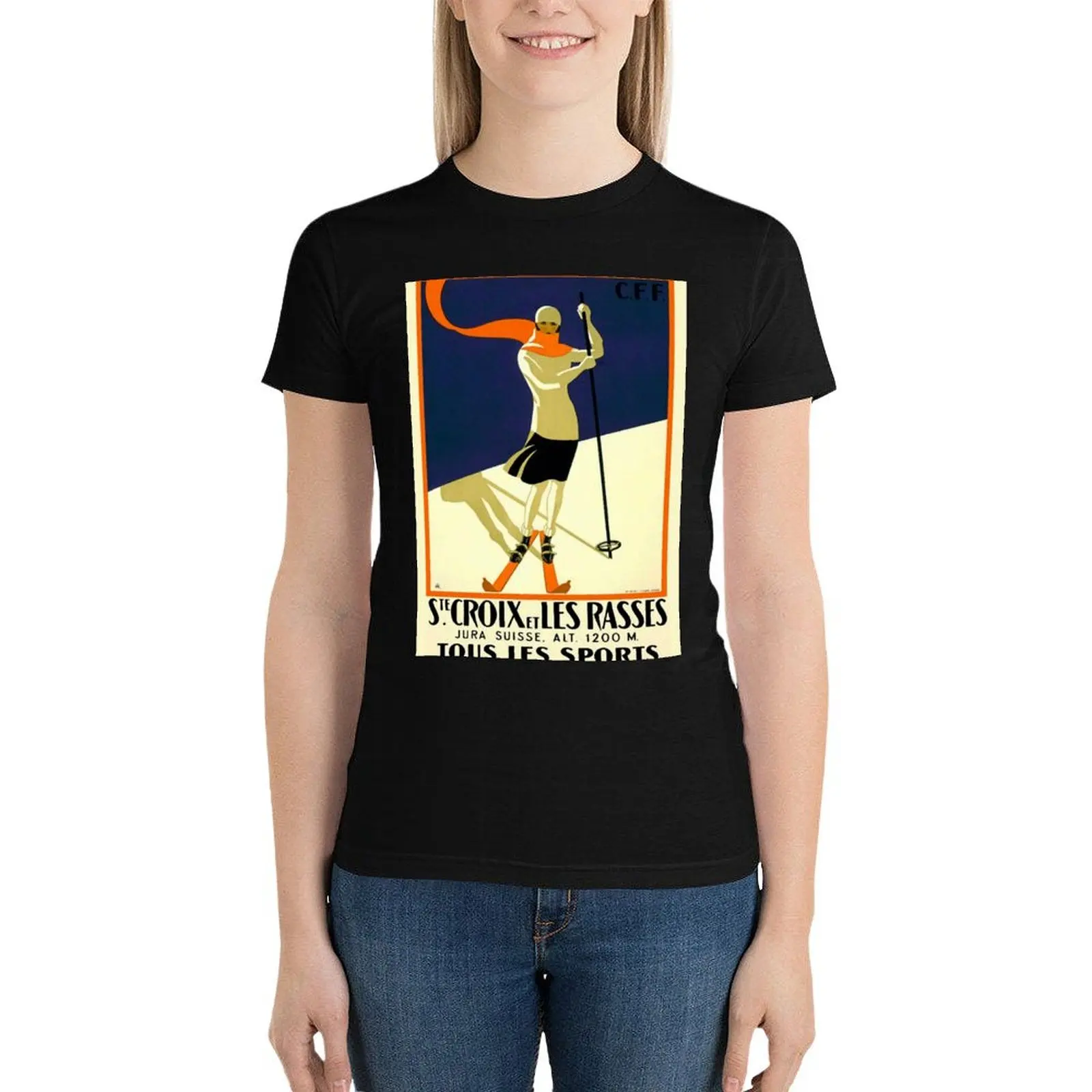 

Vintage French Swiss Ski sport poster, ski switzerland T-Shirt shirts graphic tees anime clothes graphic t-shirts for Women