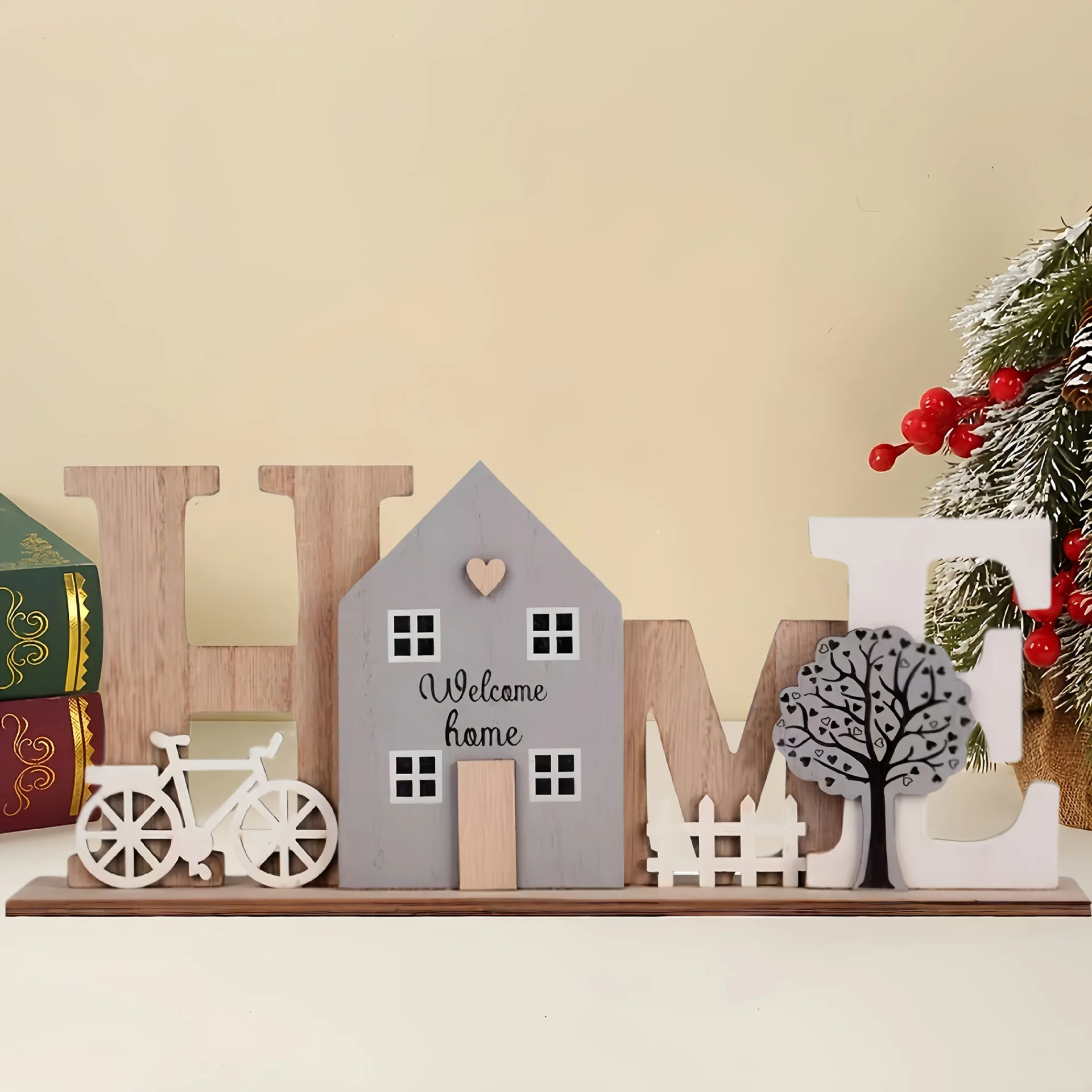 Wooden HOME Ornament with Cute House Bicycle & Tree Elements Creative Wooden Craft Decor For Living Room Bedroom Entryway