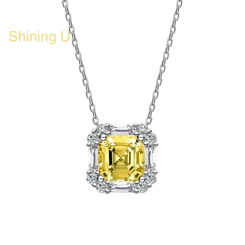 Shining U S925 Silver 7*7mm High Carbon Daimond Yellow Gems Jewelry Set Necklace Ring for Women Fine Jewelry Party