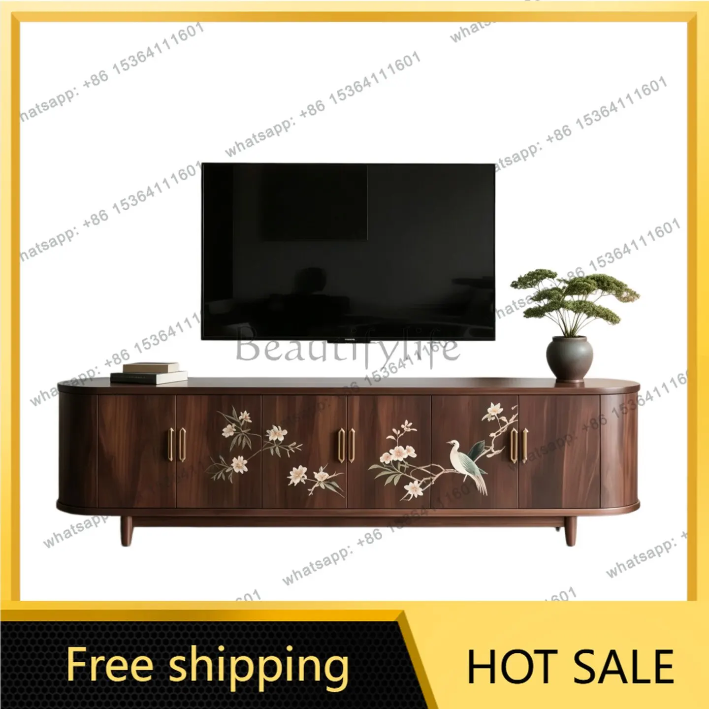 YJ New Chinese Solid Wood TV Cabinet Black Walnut Painted Storage Unit Modern Luxury Living Room Furniture