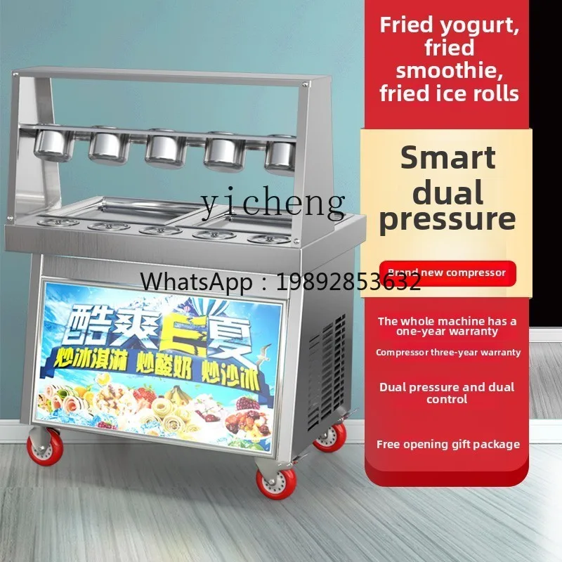 Máquina de hielo frito, máquina comercial de yogur frito, máquina de fruta con leche, doble presión, doble olla, rollos de helado frito