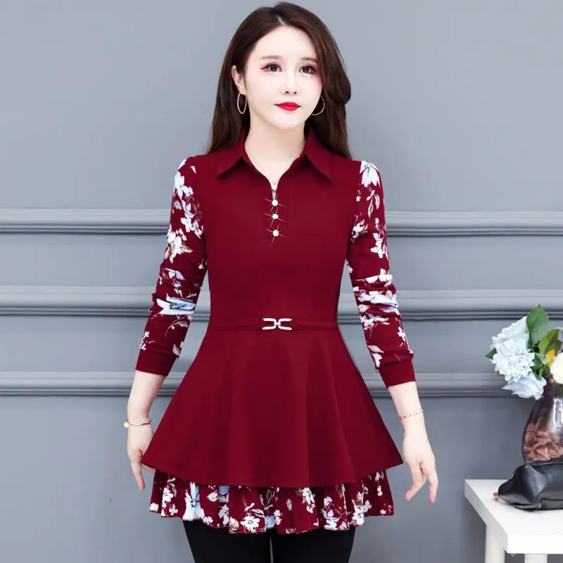 New Autumn Winter Thin Turn-down Collar Long Sleeve Pullovers Slim Red Tops Ladies Elegant T-Shirts Patchwork Women Clothing