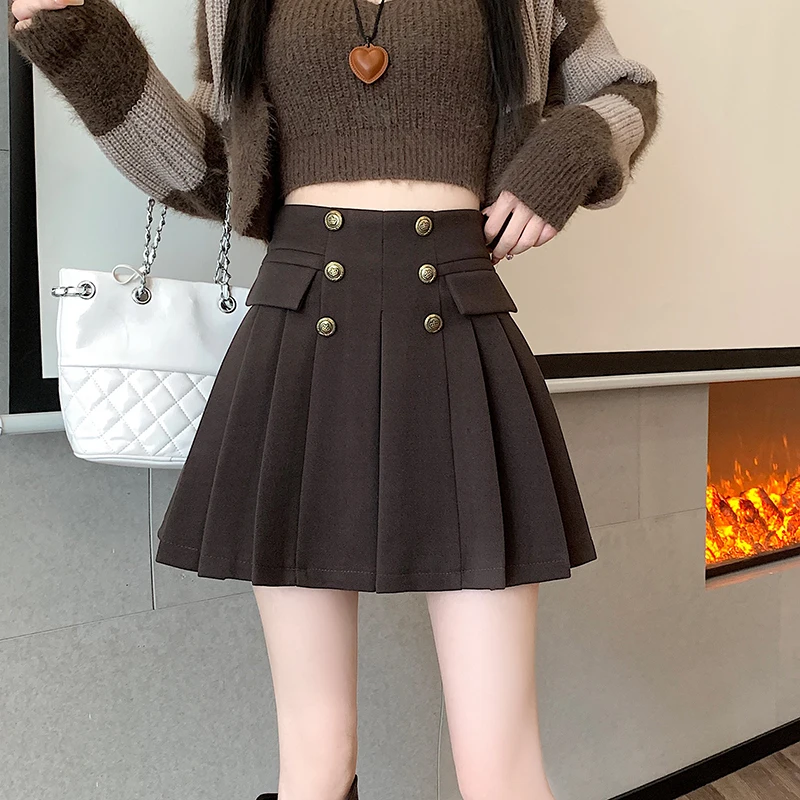 2024 Women's Woolen Pleated Short Skirt Autumn Winter Korea Style Double Breasted High Waist Mini Skirts