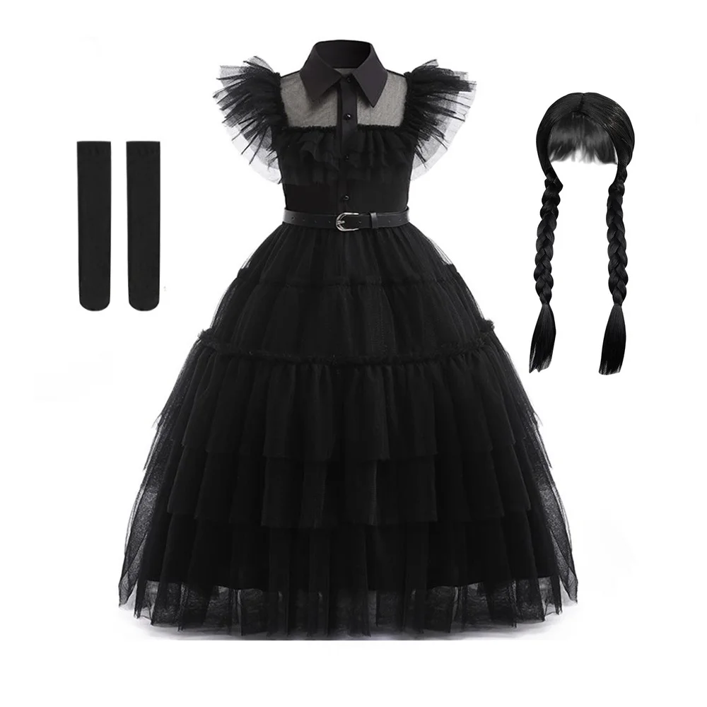 Girls Carnival Wednesday Adams Cosplay Dress And Wig Socks Children's Halloween Party Role Play Costume Black Wedding Dress