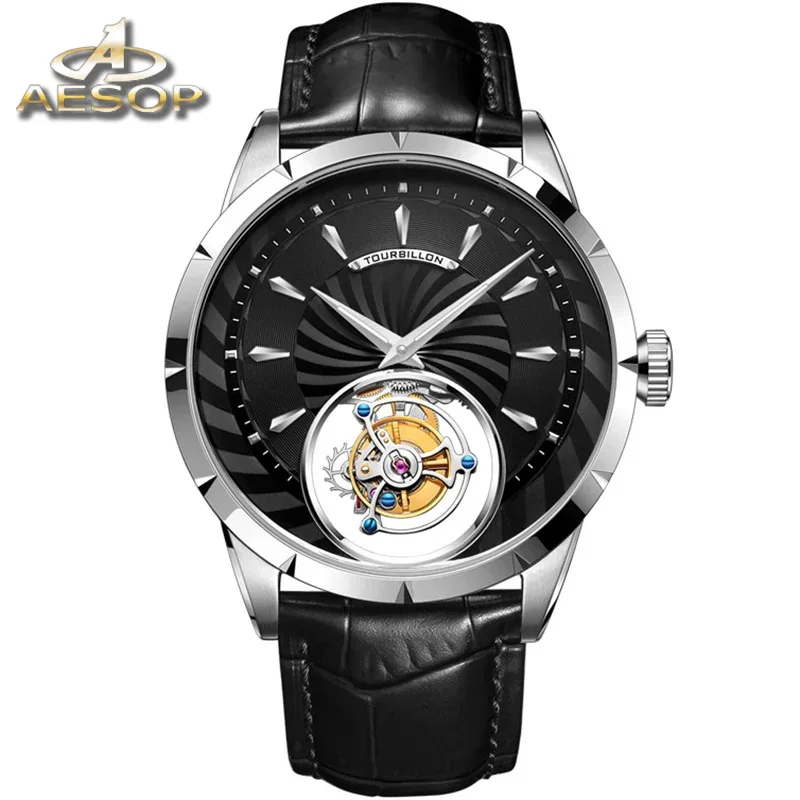 Aesop Top Luxury Tourbillon Spinning Men Watches Sapphire Glass Mechanical Rotary Tourbillon Skeleton Watch Men Waterproof Clock