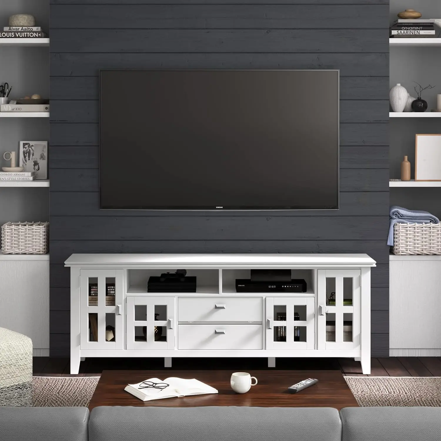 SOLID WOOD 72 Inch Wide Contemporary TV Media Stand in White for TVs Up To 80 Inches for The Living Room