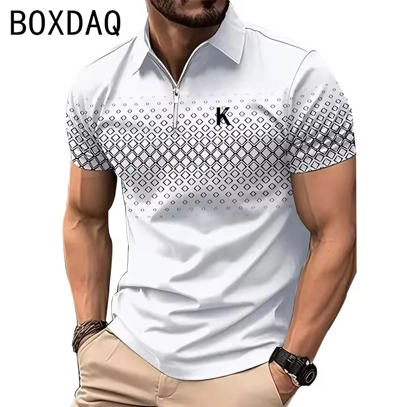 New Summer Men's Polo Shirt 3D Geometry Pattern Striped Print Casual Polos Short Sleeve Lapel Polo Oversized Street Fashion Tops