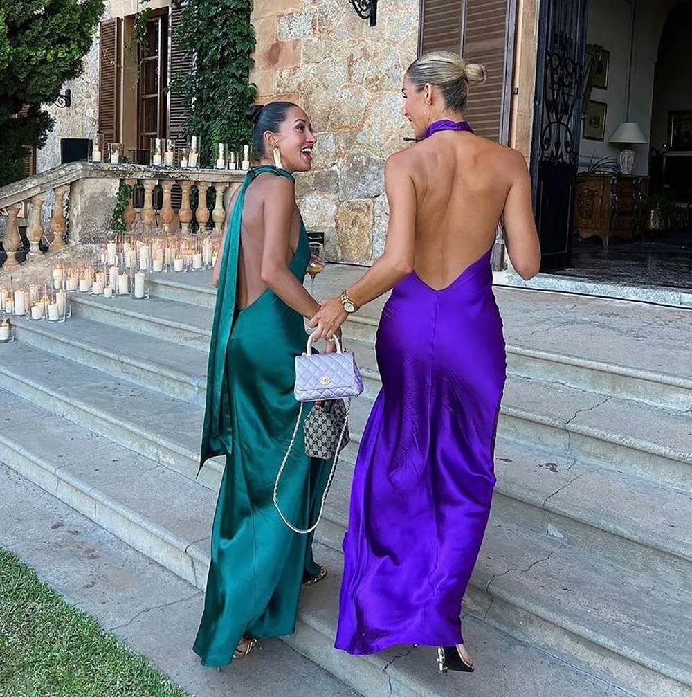 Verngo Purple/Green Halter Satin Party Dress Side Slit Sleeveless Evening Gown Backless Sexy A Line Long Dress Women Customized