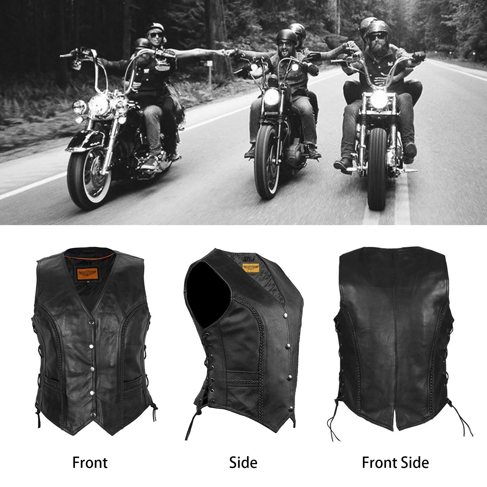

Women's Motorcycle Vest Genuine Cowhide Black Vests with Braided Side Laces and Pocket
