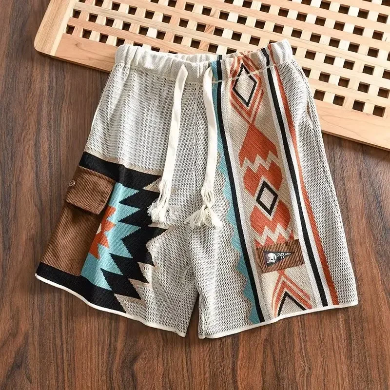 

American Style Knitted Shorts For Men Vintage Geometric Sport Shorts Summer Causal Mens Shorts Fashion Embroidery Casual Pants