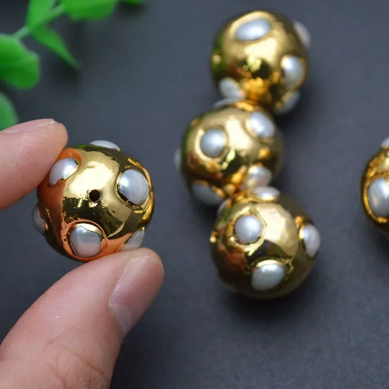 

High Quality Gold Plated Big Size 20mm Round Ball Spherical Natural Pearl Paved Stone Loose Beads For Necklace Making