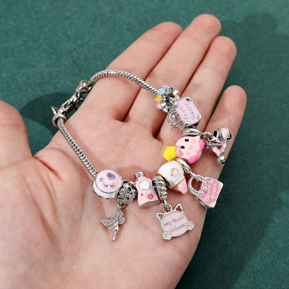 Friendship Bracelet Making Kit Kawaii Kirby Silver Color Charm Bracelet  For Women DIY Adjustable Anime Jewelry Party Gift