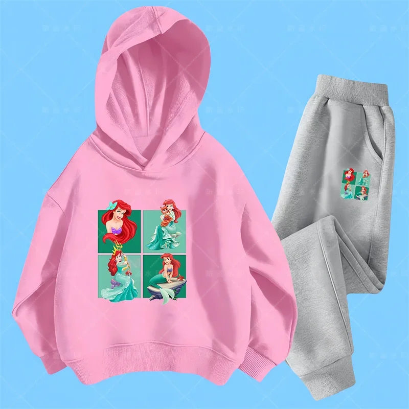 Disney The Little four grid Mermaid Hoodie Set Girls Cartoon 3-14 Years Old Kawaii Street  Kids Sweatshirt Children\'s Trucksuit