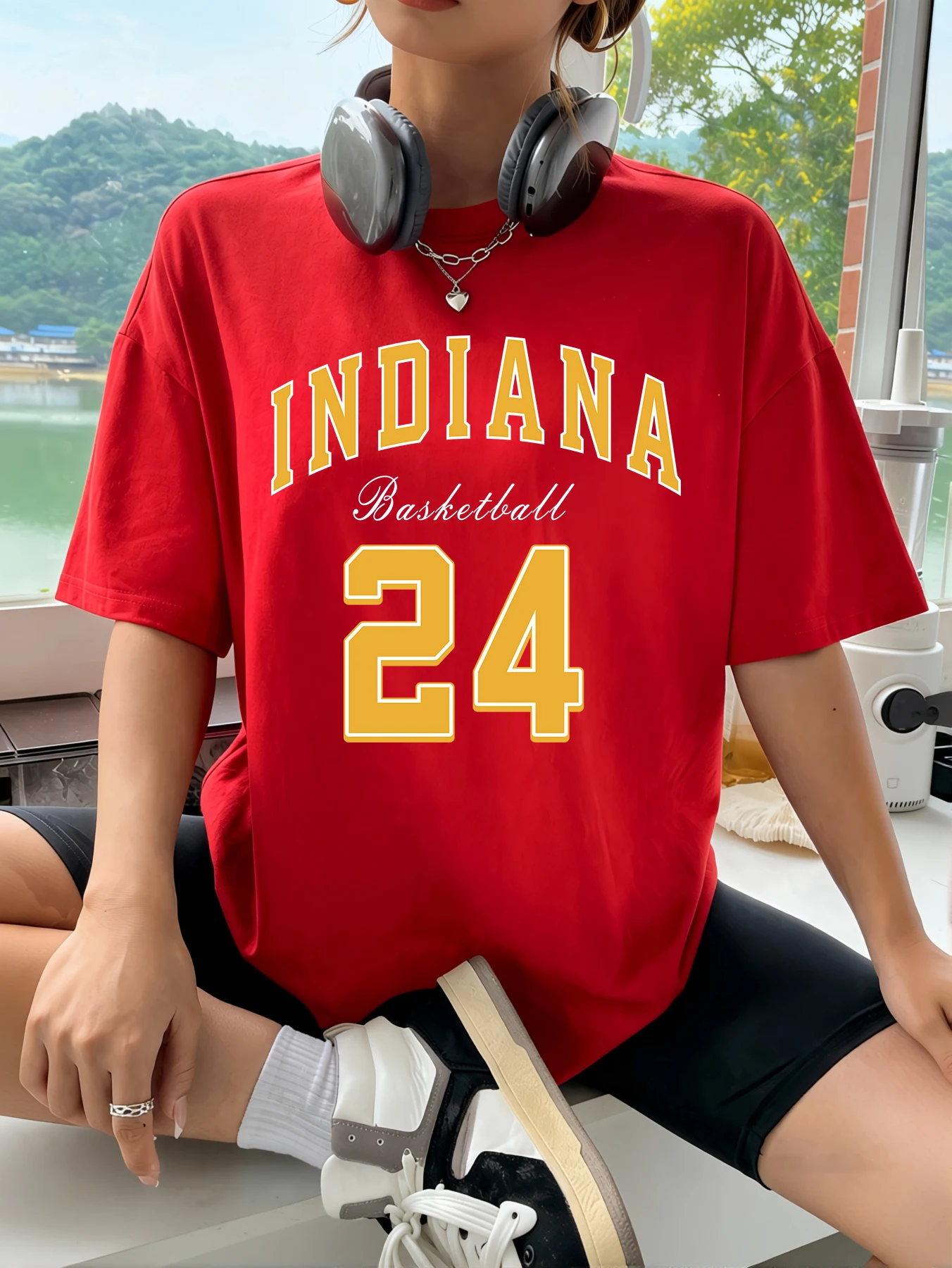 Camisetas con estampado de Indiana Basketba 24 para mujer, camiseta de algodón con cuello redondo y manga corta, camiseta holgada de moda, ropa transpirable de verano
