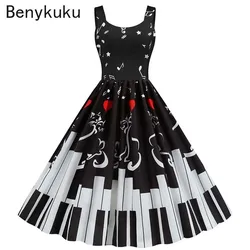 Sexy Music Note Print Women Party Dress 2025 Summer Spaghetti Strap Black Slim 50s 60s Vintage A-line Swing Dresses Ropa Mujer