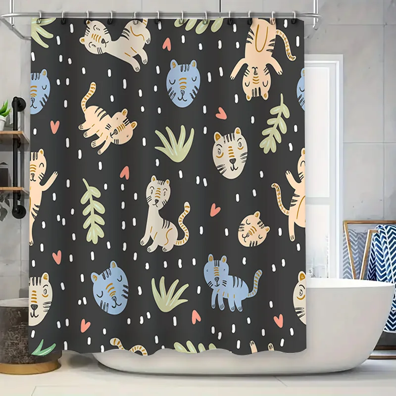 

Занавеска для душа с милыми кошками, декор с листьями и сердечками для ванной комнаты, черный полиэстер, настраиваемая печатная ванна, водонепроницаемая домашняя линия