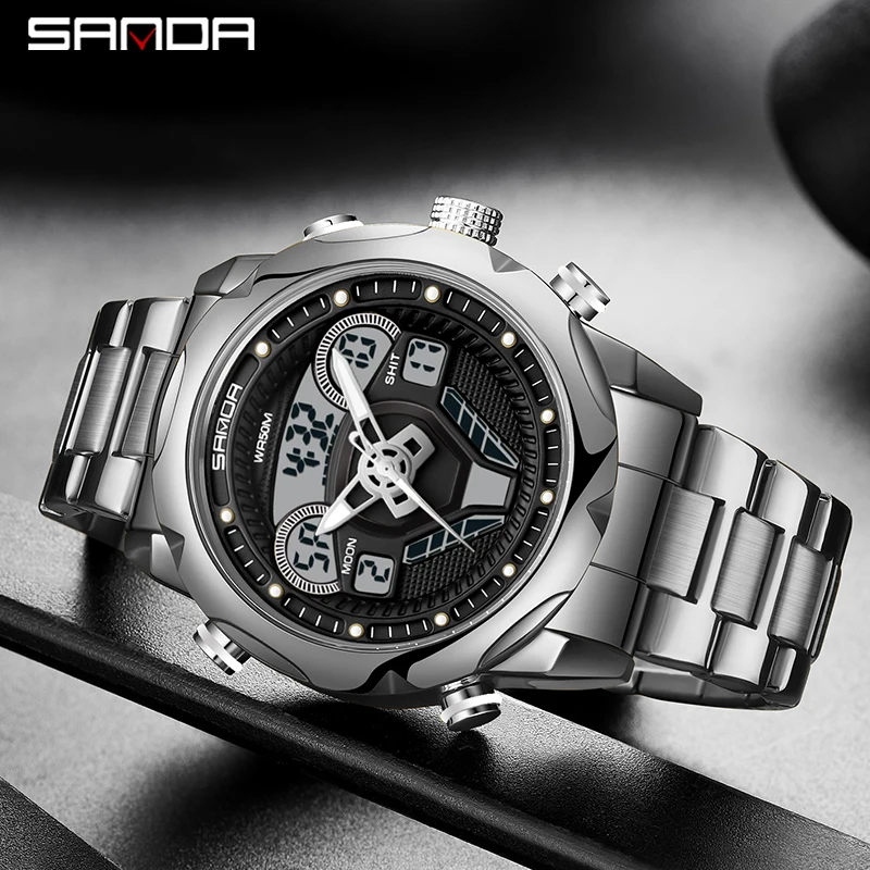 SANDA 9022 Steering Wheel Design Watch Fashion Men\'s Sport Watches Chronograph Quartz Wristwatch Military Waterproof Steel Clock