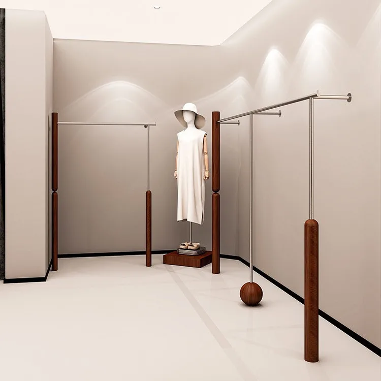 HYS Clothing Store Display Rack Walnut Stainless Steel Wall Hanging Hanger Display Hanging Clothes Rack Special Rack