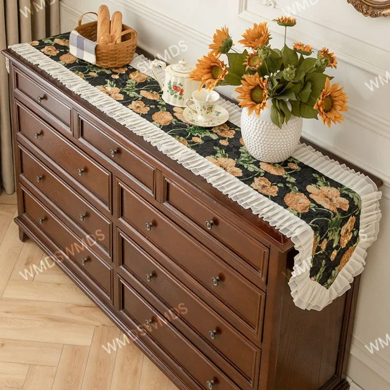 French Floral Table Runner Lace Ruffle Edge TV Cabinet Cover Elegant Fresh Print Long Table Scarf Home Dining Bedroom Bed End De