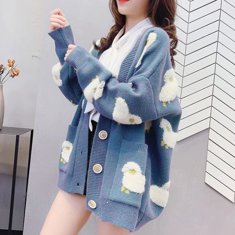 Cardigan Women Sweater Loose Oversize Women Long Sleeve Cartoon Sheep Elegant Cardigan Tops Sweet Knitted Coat Jacket Women